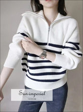 Women Striped Chunky Quarter Zip Collared Knit Sweater Jumper Sun-Imperial United States
