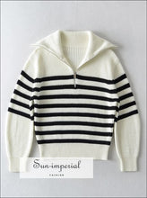 Women Striped Chunky Quarter Zip Collared Knit Sweater Jumper Sun-Imperial United States