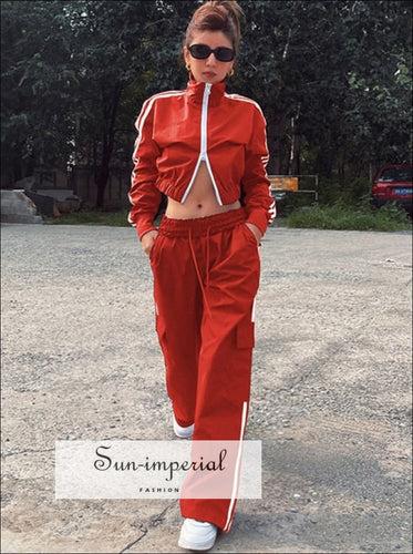 Women Striped Training Tracksuit Set With Double Zip Jacket And Drawstring Cuff Straight Leg Pockets Detail Basic style, casual chick sexy