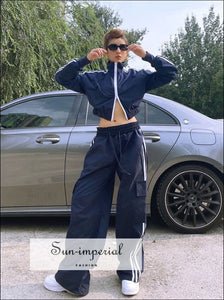 Women Striped Training Tracksuit Set With Double Zip Jacket And Drawstring Cuff Straight Leg Pockets Detail Basic style, casual chick sexy