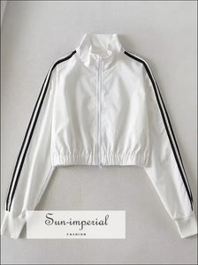 Women Striped Training Tracksuit Set With Double Zip Jacket And Drawstring Cuff Straight Leg Pockets Detail Basic style, casual chick sexy