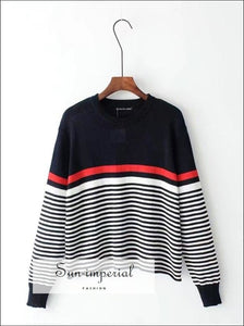 Women Stripes Knit Sweater with Rolled Hems Navy, Red, and White Stripes Knit Pullovers