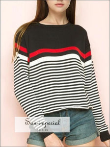 Women Stripes Knit Sweater with Rolled Hems Navy, Red, and White Stripes Knit Pullovers