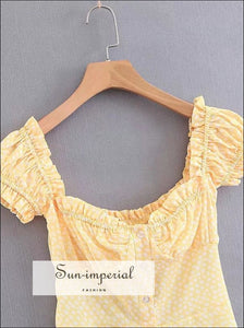 Women Sweet Heart Neck Floral Print Mini Dress Frill Trim Floral Print Yellow Dress