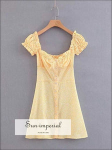 Women Sweet Heart Neck Floral Print Mini Dress Frill Trim Floral Print Yellow Dress