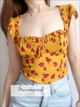 Women Sweetheart Tie Neck top with Lace back in Yellow Floral Print