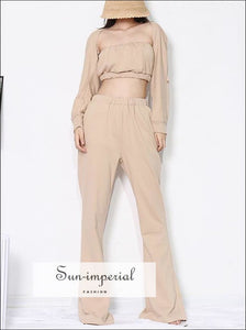 Women Tan Solid Two Piece Pants Set with Long Sleeve Square Collar Crop top and High Waist Loose chick sexy style, harajuku PUNK STYLE, 