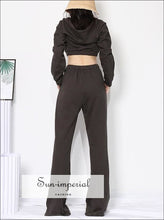 Women Tan Solid Two Piece Pants Set with Long Sleeve Square Collar Crop top and High Waist Loose chick sexy style, harajuku PUNK STYLE, 