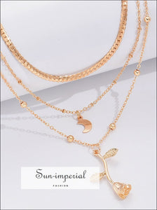 Women Three Layers Gold Necklace With Moon And Rose Flower Pendant Detail layers necklace Sun-Imperial United States