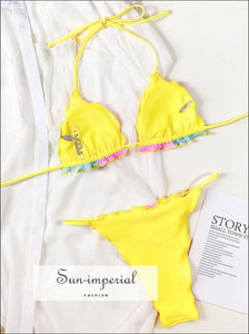 Women Trio Color Yellow Pink Blue Patch Ruffled Frilled Halter Bikini SUN-IMPERIAL United States