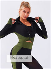 Women Two Piece Black and Blue Color Block Long Sleeve Stand Sport Jacket Set with High Waist ACTIVE WEAR, active wear women, activewear, 