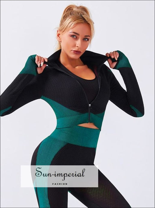 Women Two Piece Black and Blue Color Block Long Sleeve Stand Sport Jacket Set with High Waist ACTIVE WEAR, active wear women, activewear, 
