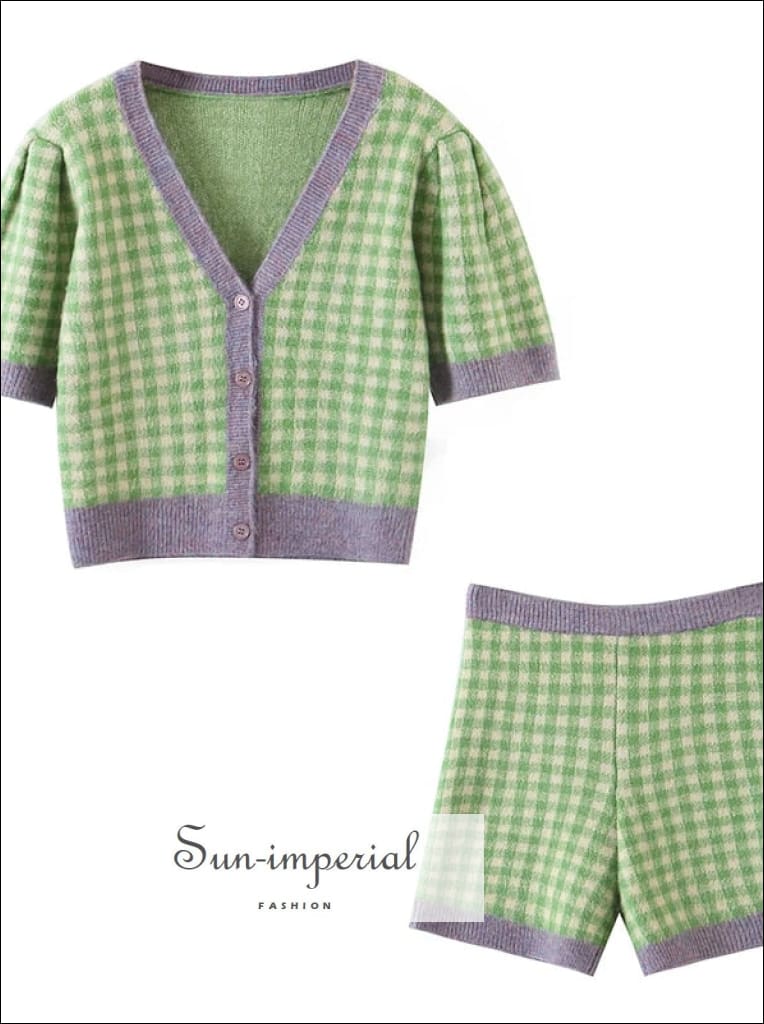 Women Two Piece Purple Green Plaid Cardigan and Shorts Set with Short Puff Sleeve Fluffy Gingham cardigan, chick sexy style, harajuku knit, 