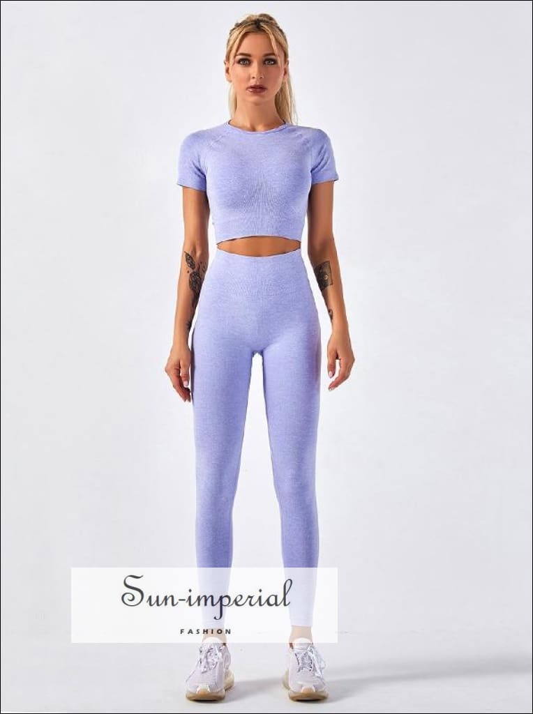 Women Two Piece Solid Purple Cropped Short Sleeve O Neck top Sport and High Waist Legging Set ACTIVE WEAR, active wear women, get active, 