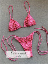 Women Two-piece Swimsuit Snake Print Hot Pink Backless Micro Thong Bikini Set Beachwear Cross front