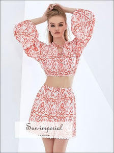 Women Two Piece White with Red Tribal Print Long Lantern Sleeve Cropped top and A-line Mini Skirt 2 piece, piece set, skirt tow set 