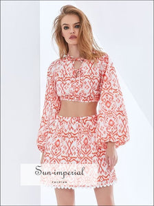 Women Two Piece White with Red Tribal Print Long Lantern Sleeve Cropped top and A-line Mini Skirt 2 piece, piece set, skirt tow set 