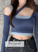 Women Two Tone Blue Asymmetric Neck Cut out Cropped Rib top with Thumb Hole Basic style, casual harajuku PUNK STYLE, sporty style 