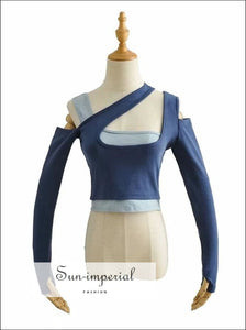 Women Two Tone Blue Asymmetric Neck Cut out Cropped Rib top with Thumb Hole Basic style, casual harajuku PUNK STYLE, sporty style 