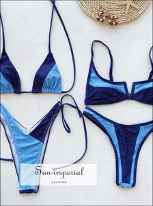 Women Two Tone Blue V Splice High Waist Bikini Set 2 TONE BIKINI, bikini, BIKINI COLOR BLOCK, bikini set, striped SUN-IMPERIAL United States