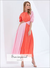 Women Two Tone Pink Cut out Puff Mid Sleeve High Neck Ruched Midi Dress A-line Flared Elegan Color bohemian style, boho elegant Unique Out 