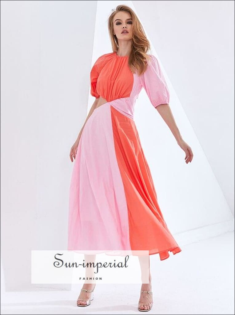 Women Two Tone Pink Cut out Puff Mid Sleeve High Neck Ruched Midi Dress A-line Flared Elegan Color bohemian style, boho elegant Unique Out 