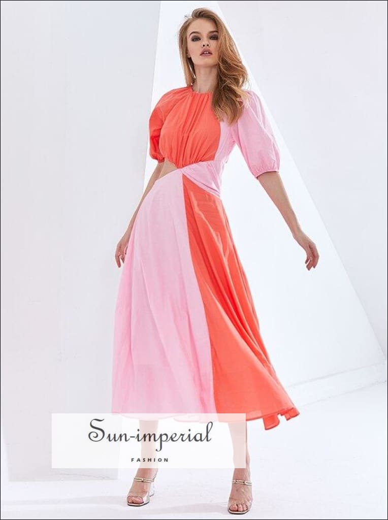Sun-Imperial - Women Two Tone Pink Cut Out Puff Mid Sleeve High Neck Ruched Midi Dress A-Line Flared Red / L Sun-Imperial - Women Two Tone Pink Cut Out Puff Mid Sleeve High Neck Ruched Midi Dress A-Line Flared Red / L