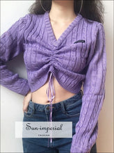 Women V Neck Drawstring Cable Knit Jumper Crop Pullover SUN-IMPERIAL United States