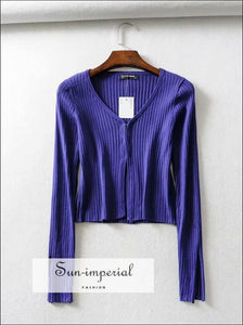 Women V Neck Knitting Ribbed Cardigan with Covered Button