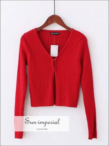 Women V Neck Knitting Ribbed Cardigan with Covered Button
