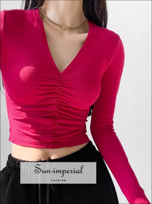 Women Long Sleeve Solid Casual v Neck Ruched Cropped Tee solid V Sun-Imperial United States