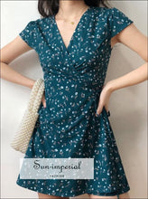 Green Floral V Neck Short Sleeve Wrap Mini Dress dress, floral print, flower flowers SUN-IMPERIAL United States