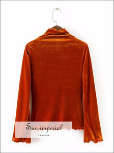 Women Velvet High Neck Ruffled Trimmings top with Flare Long Sleeve BASIC SUN-IMPERIAL United States