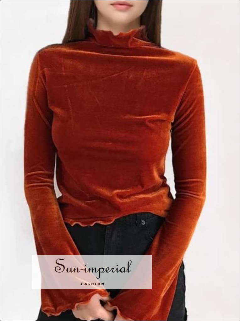 Sun-imperial - women velvet high neck ruffled trimmings top with flare ...