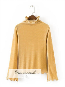 Women Velvet High Neck Ruffled Trimmings top with Flare Long Sleeve BASIC SUN-IMPERIAL United States