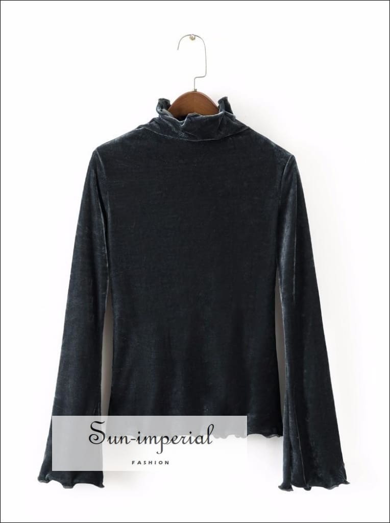 Sun-imperial - women velvet high neck ruffled trimmings top with flare ...