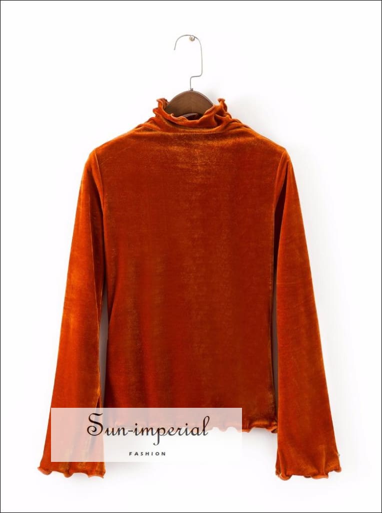 Sun-imperial - women velvet high neck ruffled trimmings top with flare ...