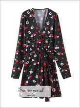 Women Vintage Black Red Floral Print Dress V Neck Long Sleeve High Waist A-line Casual Mini Black, chick sexy style, dress, fall outfit, 
