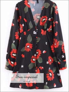 Women Vintage Black Red Floral Print Dress V Neck Long Sleeve High Waist A-line Casual Mini Black, chick sexy style, dress, fall outfit, 