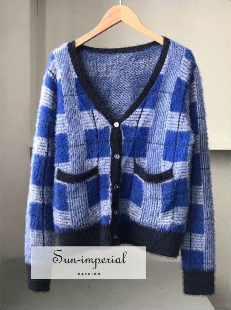 Women Vintage Blue Plaid Cardigan Sweater Button front Basic style, cardigan, checkered, gingham, green SUN-IMPERIAL United States