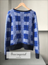 Women Vintage Blue Plaid Cardigan Sweater Button front Basic style, cardigan, checkered, gingham, green SUN-IMPERIAL United States