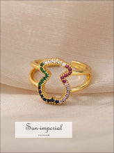 Gold Plated Stainless Steel Adjustable Statement Ring With Colorful Geometric Zircons Design Sun-Imperial United States