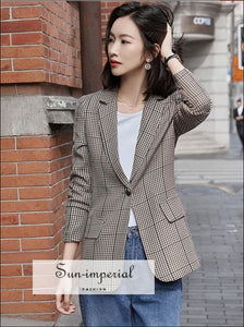 Women Vintage Plaid Blazer Coat Notched Collar Long Sleeve Jacket casual style, elegant office wear, street vintage style SUN-IMPERIAL 