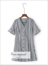 Women Vintage V Neck Button Gingham Dress with Ruffle Short Sleeve Mini Dresses BASIC SUN-IMPERIAL United States