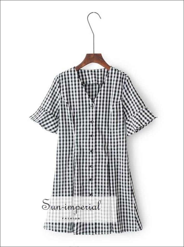 Women Vintage V Neck Button Gingham Dress with Ruffle Short Sleeve Mini Dresses BASIC SUN-IMPERIAL United States