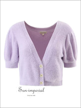 Women Violet Puff Short Sleeve V Neck Fuzzy Knitted Single-breasted Cardigan Cropped Sweater with harajuku style, Preppy Style Clothes, 