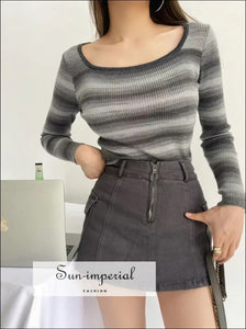 Women Viscose Square Neck Crop Knitted Top In Multi Stripe amazon Sun-Imperial United States