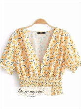 Women Vogue Floral Print Blouse V Neck Sweet Short Sleeve Pleated Shirt Casual Female top