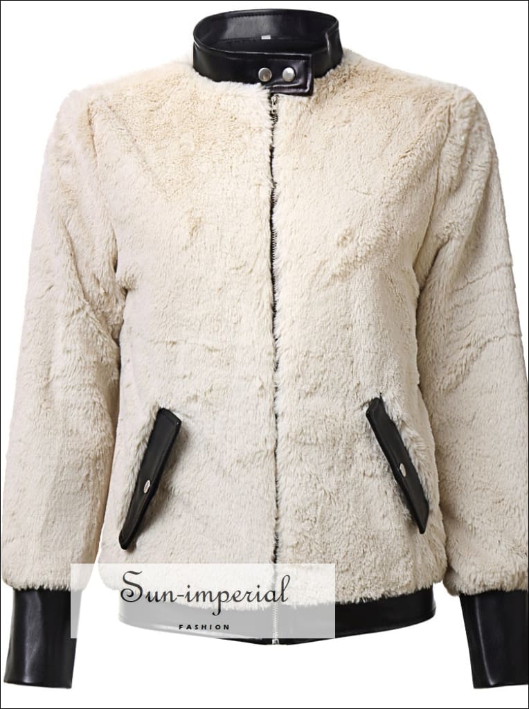 Women Long Sleeve Teddy Coat Fleece Jacket With Leather Collar And Zipper Detail leather Sun-Imperial United States