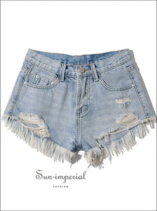 Women Washed Black Distressed Cut off Hem Denim Shorts with Tassel detail Basic style, casual chick sexy harajuku PUNK STYLE Sun-Imperial 